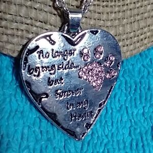 Heart Pendant Pink Crystal Paw Print and Inscription memorial rainbow bridge